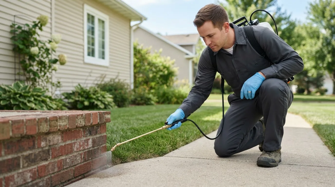 Pest control technician treating a home near Denhoff, ND
