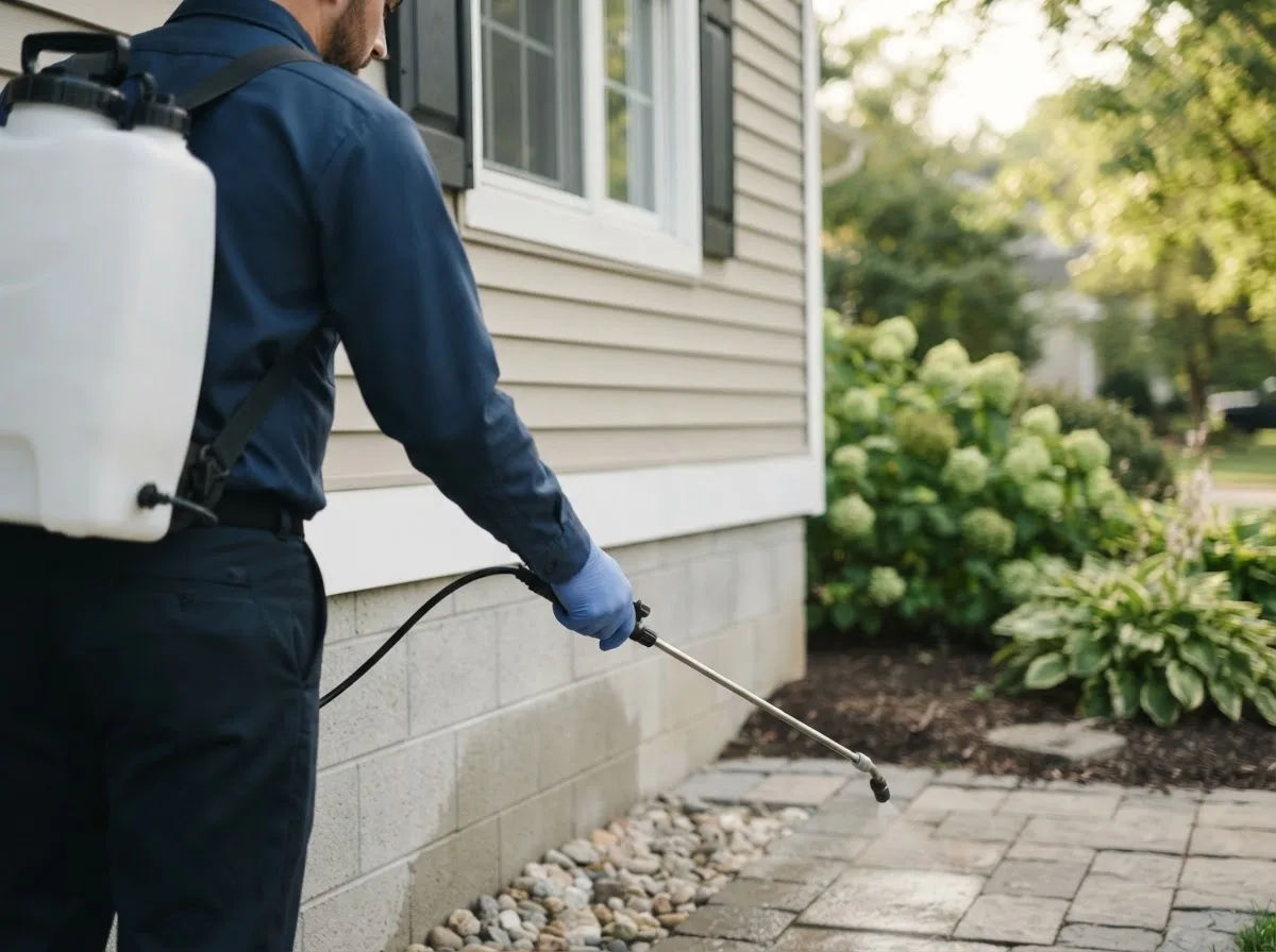 Pest control technician inspecting a home in Denhoff, ND